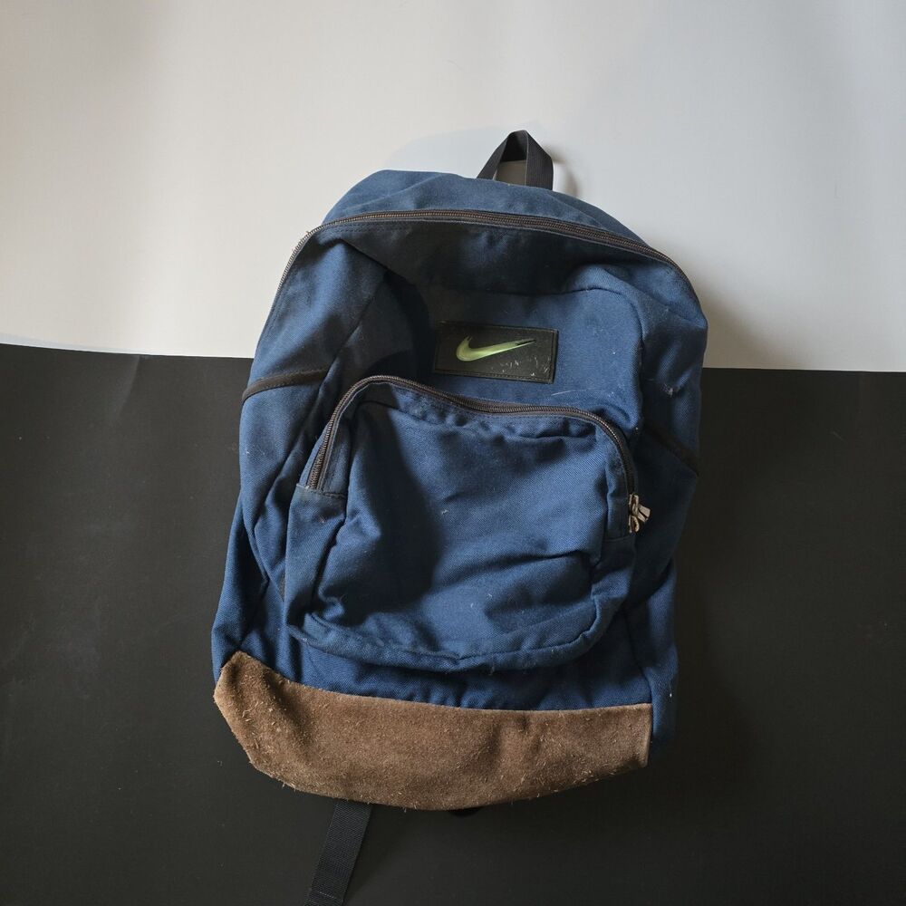 Vtg Nike Leather Bottom Navy Blue Bookbag Backpack 90s Y2K White Tag Rubber Logo